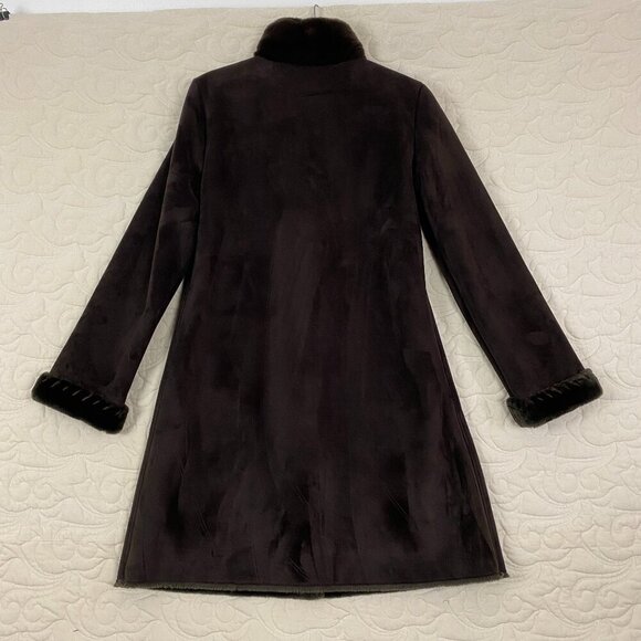 Dana Buchman Fur Lined Pea Coat Size Medium Chocolate Brown Faux Suede - Picture 3 of 12